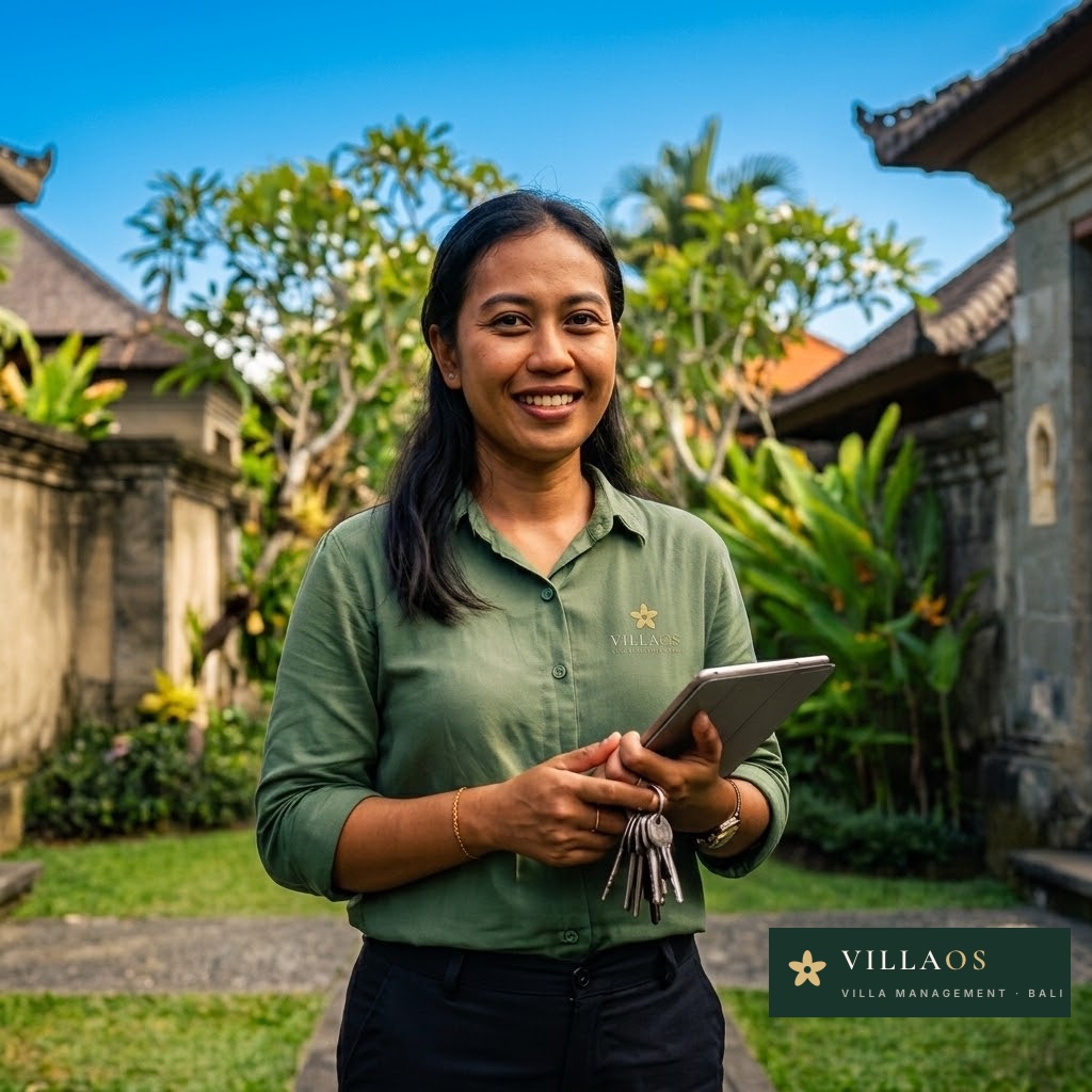 Bali Villa Dreams host at a Bali villa holding a tablet and villa keys