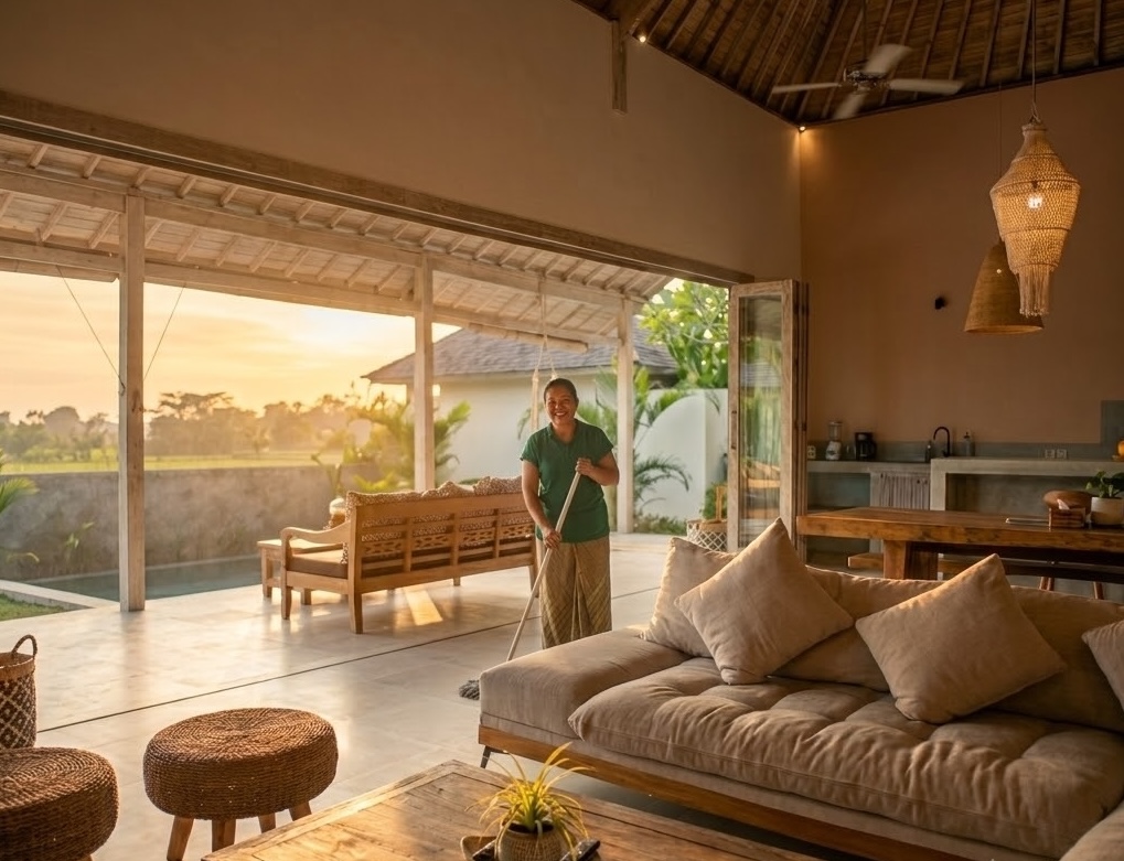 Housekeeper cleaning a Bali villa living room